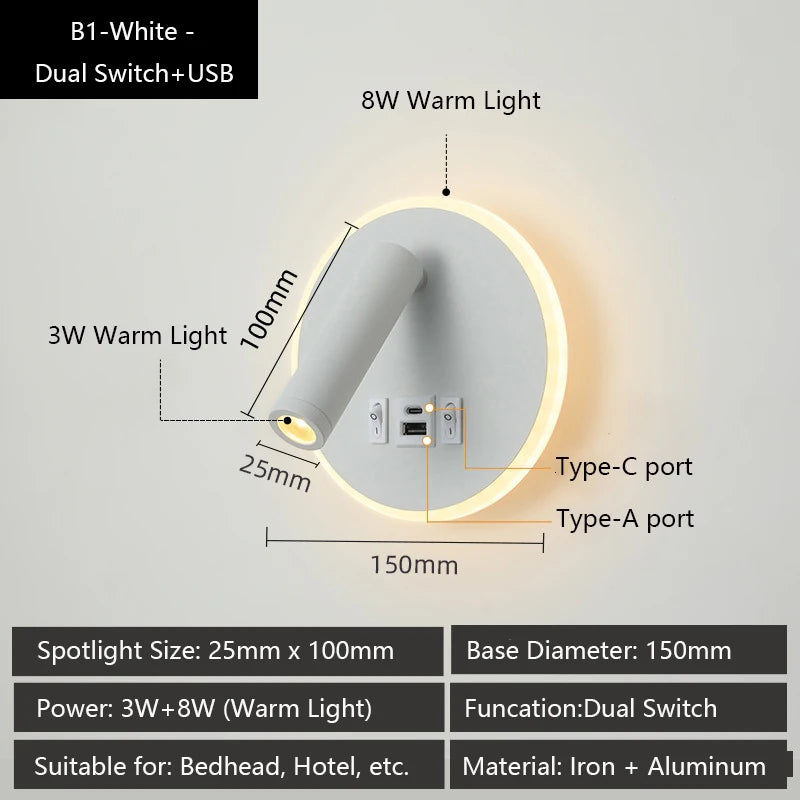applique murale led moderne ports usb lampes lecture réglables chambre étude