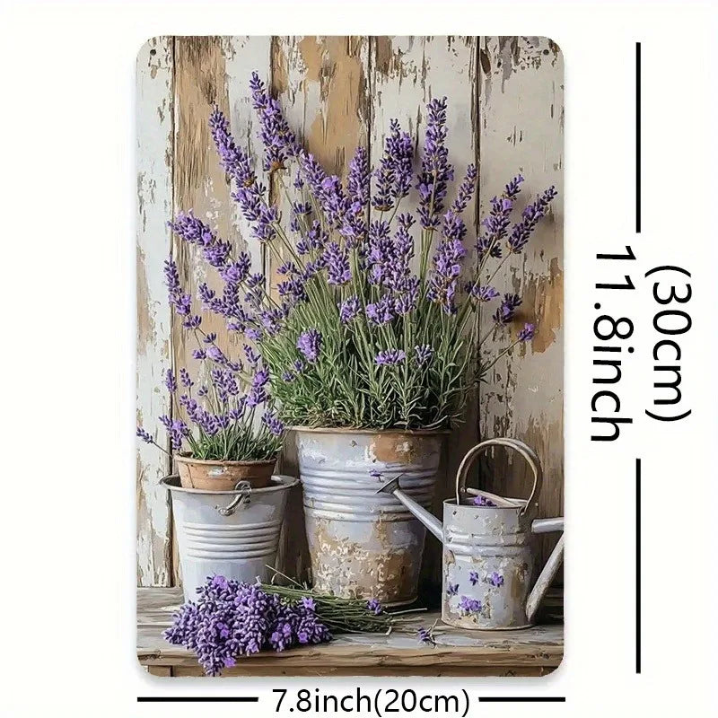 décoration murale rustique plaque métal fleurs lavande pots arrosoir vintage blanc bleu gris violet