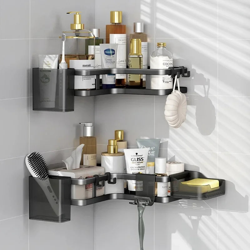 étagère salle bain angle double couche adhésive blanche noire moderne multifonctionnelle rangement muralement fixée