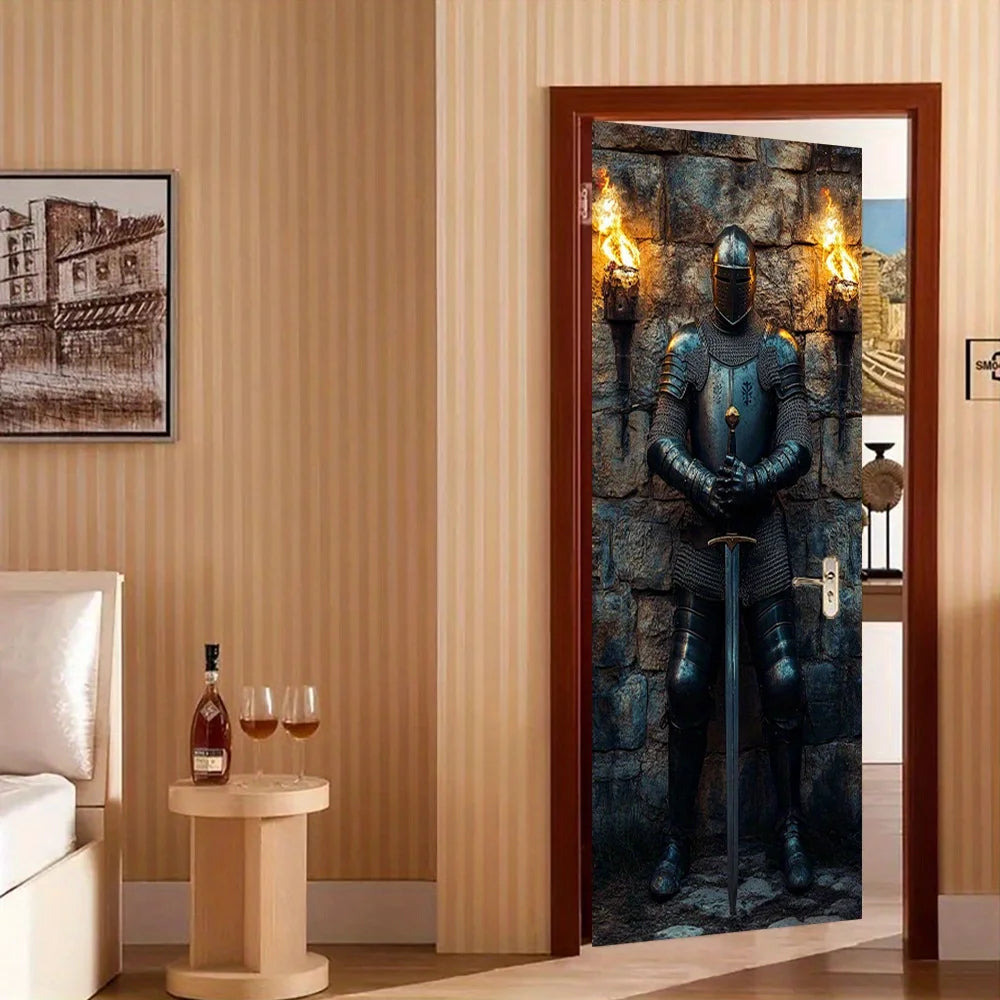 autocollant mural armure médiévale pierre flambeaux noir gris doré classique historique adhésif chambre décoration