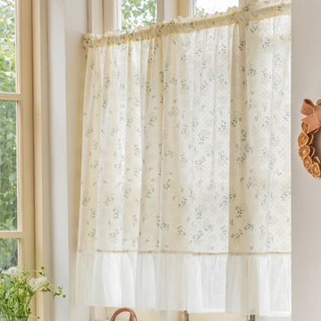 rideau voile coton beige blanc fleurs petites dentelle romantique translucide fenêtre salon cuisine maison