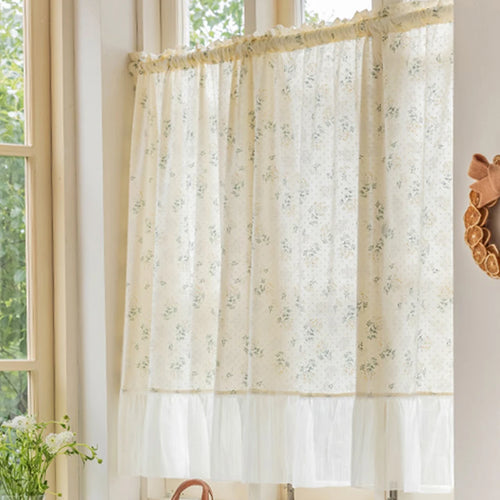 rideau voile coton beige blanc fleurs petites dentelle romantique translucide fenêtre salon cuisine maison