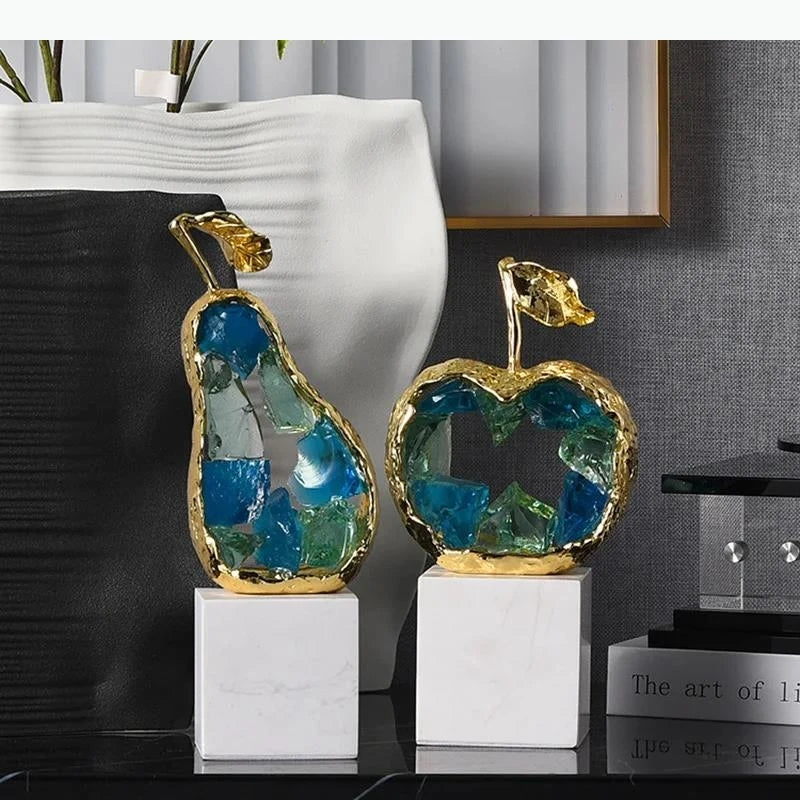 sculpture moderne or fruit marbre transparent poire pomme décoration intérieure contemporain