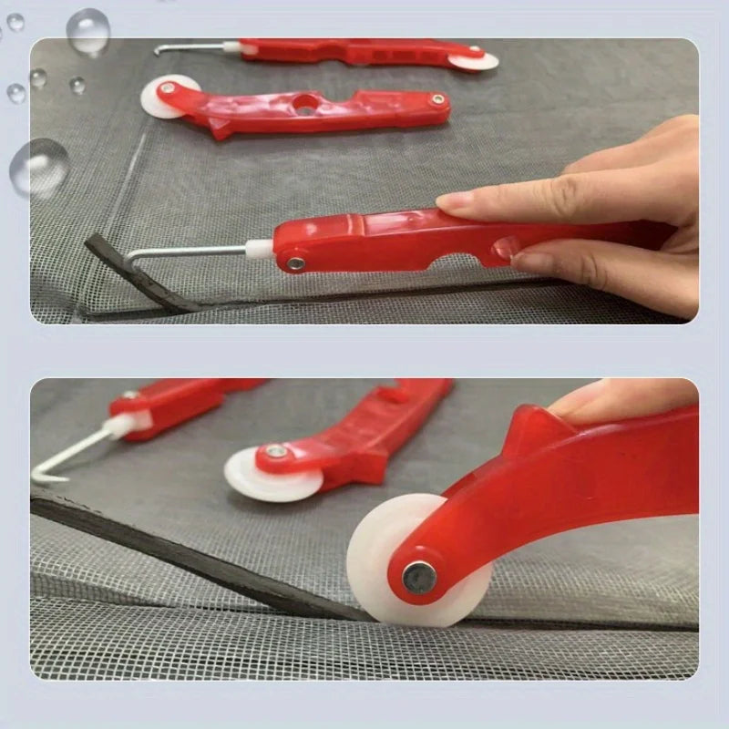 outil démontage moustiquaire rouge rouleau blanc crochet métallique pratique ergonomique adhésif