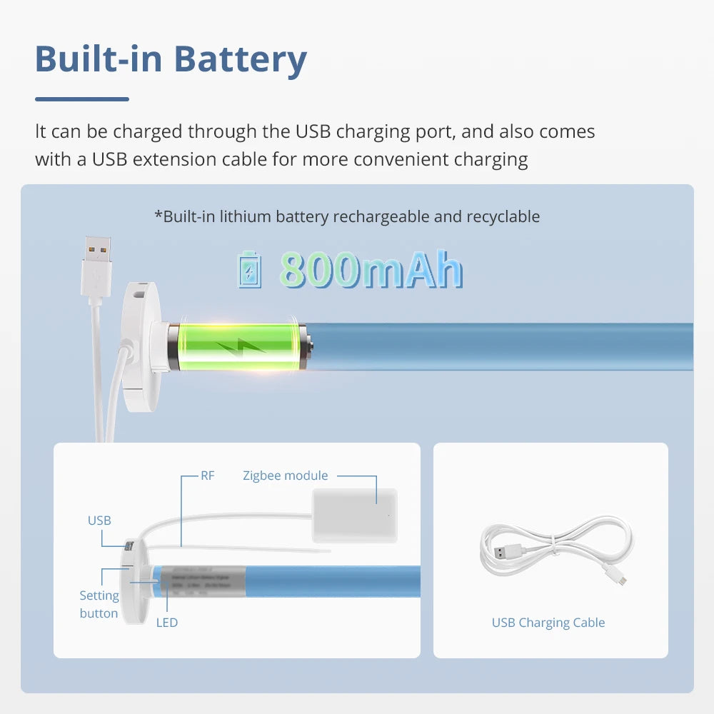 motrice store roulant blanc bleu rayures horizontales moderne affichage led module zigbee batterie intégrée