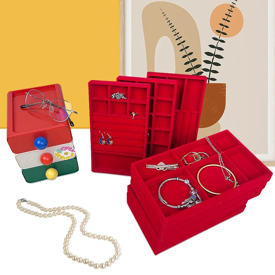 boîte bijoux velours rouge moderne plateau 21cm colliers boucles doreilles bracelet doré lunettes