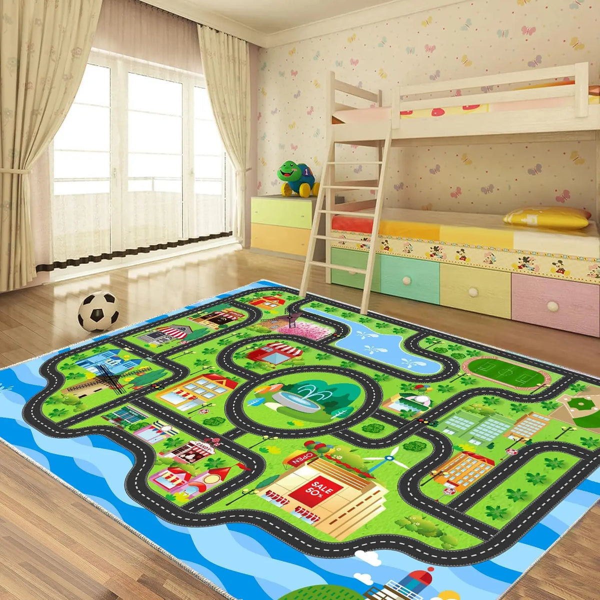 tapis moderne ville routes enfants vert bleu blanc décoratif chambre salon jouer parent enfant