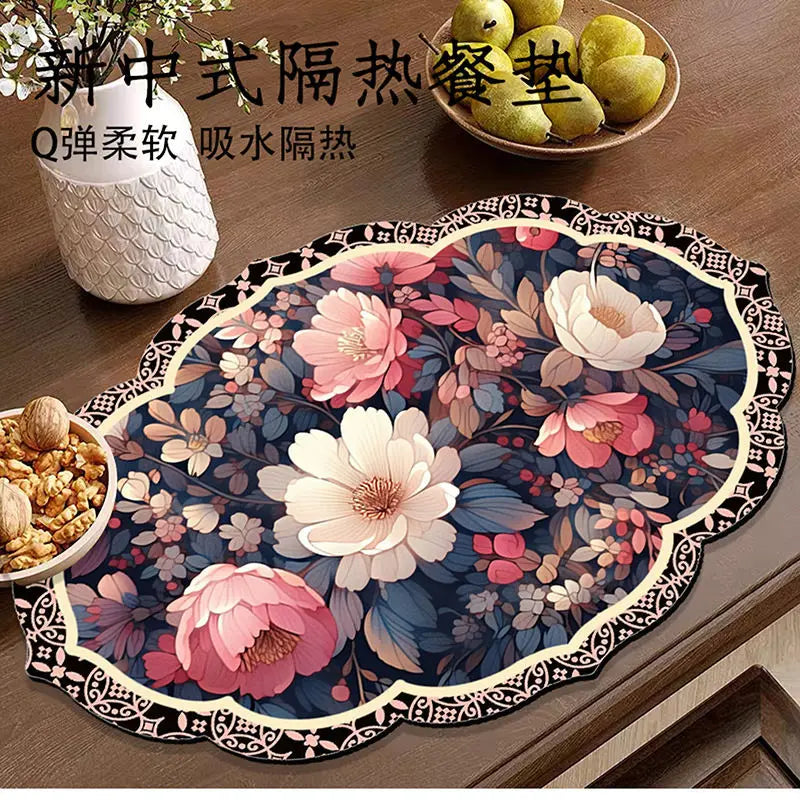tapis table classique floral couleur bleu foncé rouge orange blanc vert beige