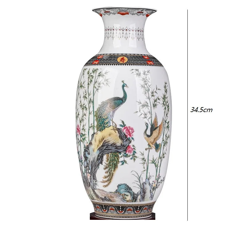 vase céramique traditionnel chinois oiseaux pavons fleurs bambou géométrique salon decoration