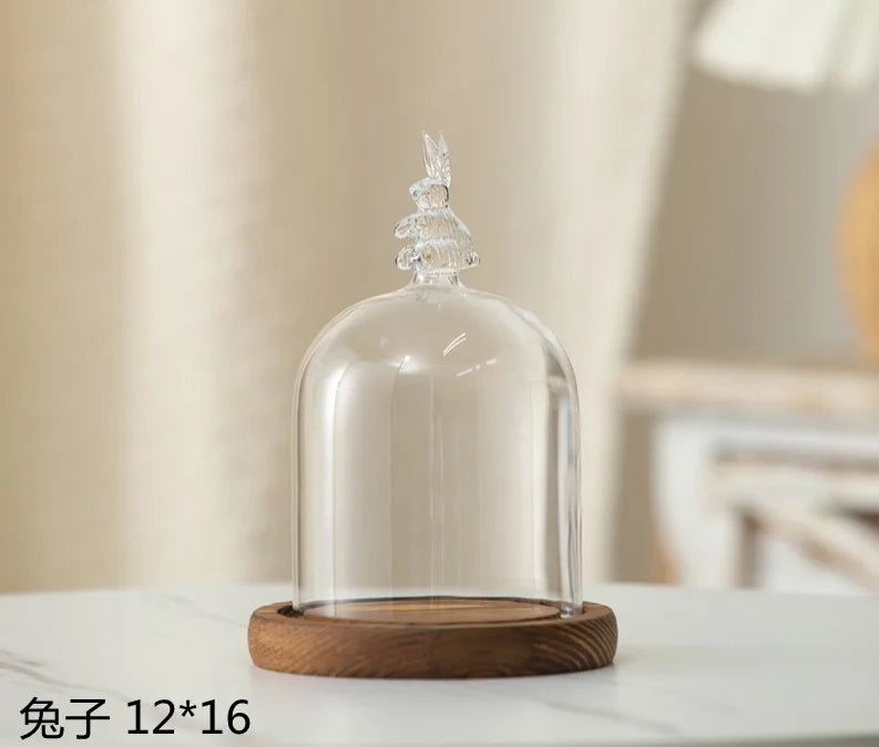 cloche verre transparent base bois bougie parfumée pinçon décoratives