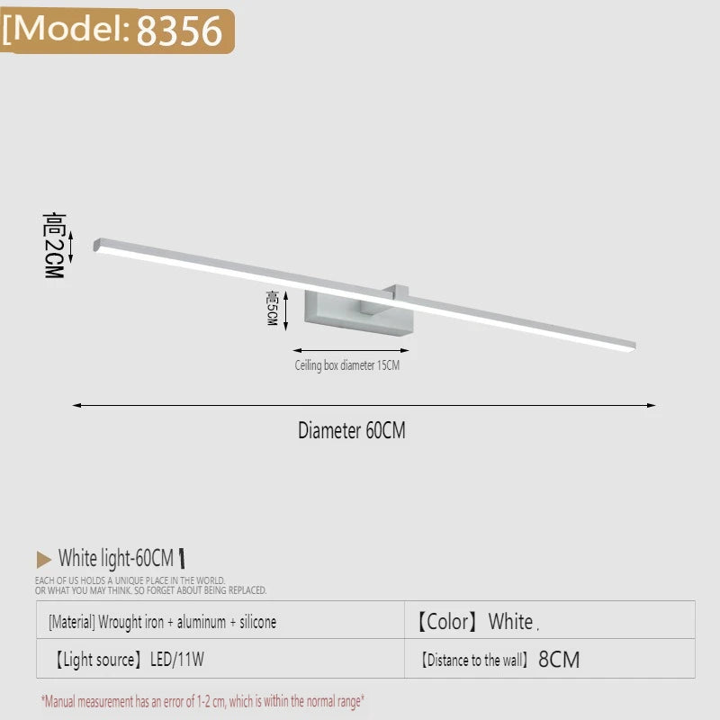 lampe miroir moderne noir blanc led mur 40cm 60cm 80cm 100cm