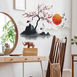 autocollant mural paysage oriental coucher soleil art traditionnel japonais oiseaux montagnes lanternes chambre salon