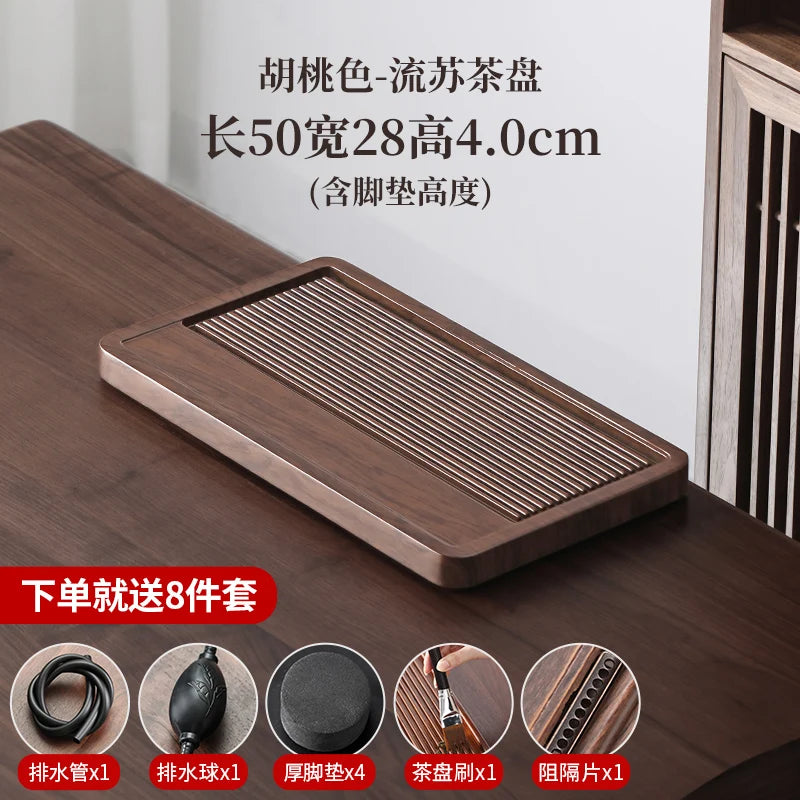 plateau thé bois bambou moderne lignes verticales marron foncé tasses théière salon chambre