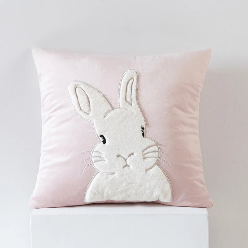 coussin gris clair motif lapin blanc mignon fermeture glissière ultra doux polyester coton jacquard