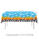 ensemble vaisselle jetable anniversaire thème cowboy vache assiettes gobelets serviettes sacs papier colorés