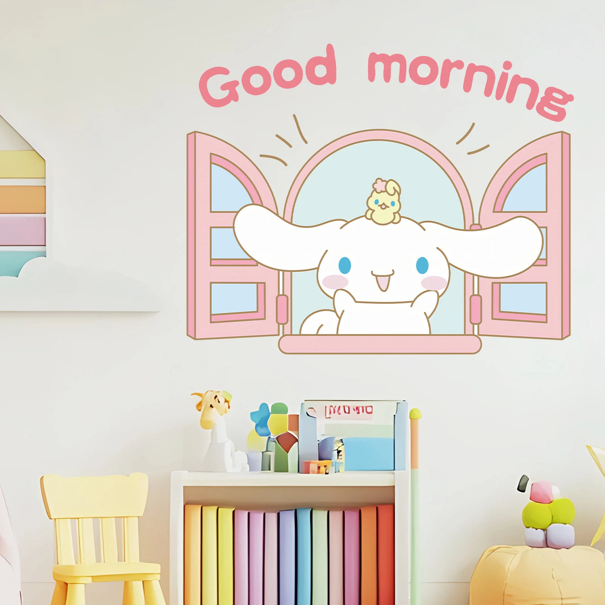 autocollants muraux kawaii dessins animés couleurs vives chambre salon décoration sanrio cinnamoroll fenêtre ouverte