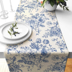 chemin table lin fleurs bleues toile jouy decoration maison beige opaque