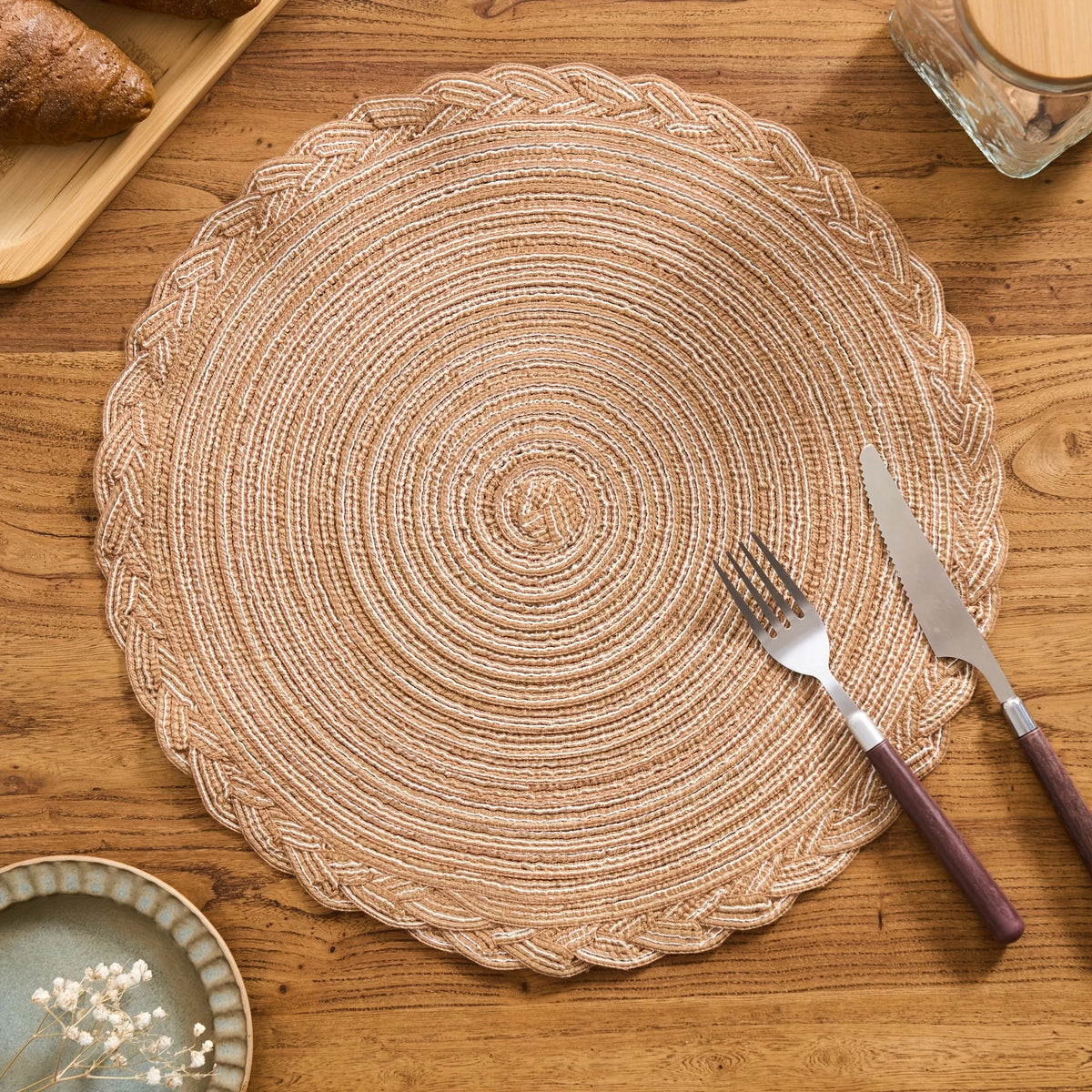 placemats tissés spirale beige noir vert rustique opaques table cuisine