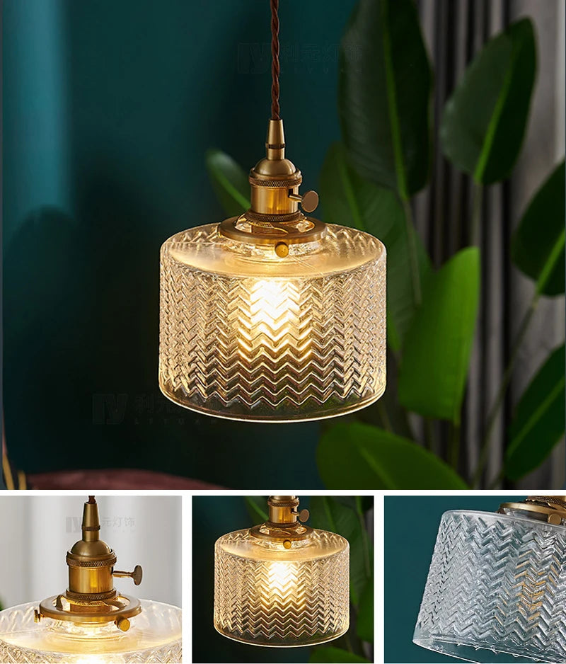 suspension lumineuse verre vert doré rayures zigzag moderne vintage salon cuisine salle manger