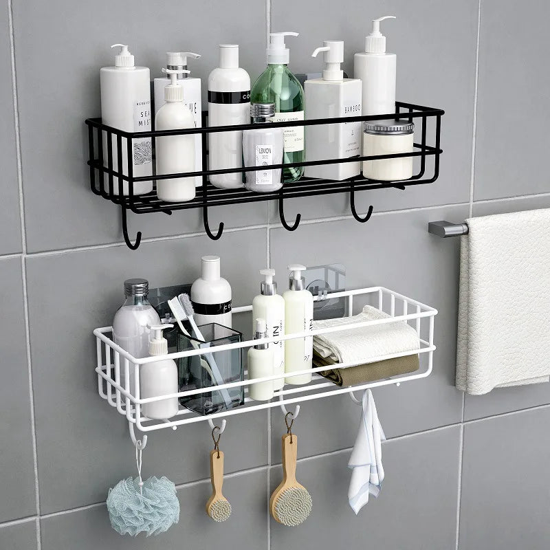 étagères rangement noir blanc grille métallique moderne minimaliste clips adhésifs bouteilles cosmétiques brosse dents