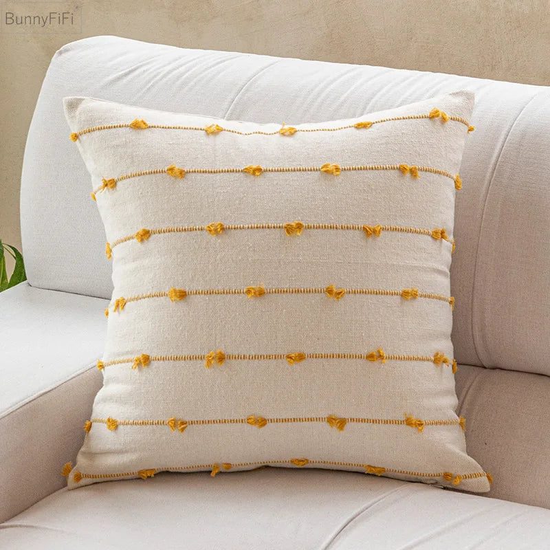 coussin carré jacquard rayé bohème brodé coton polyester blanc doré salon voiture 30x50cm 45x45cm