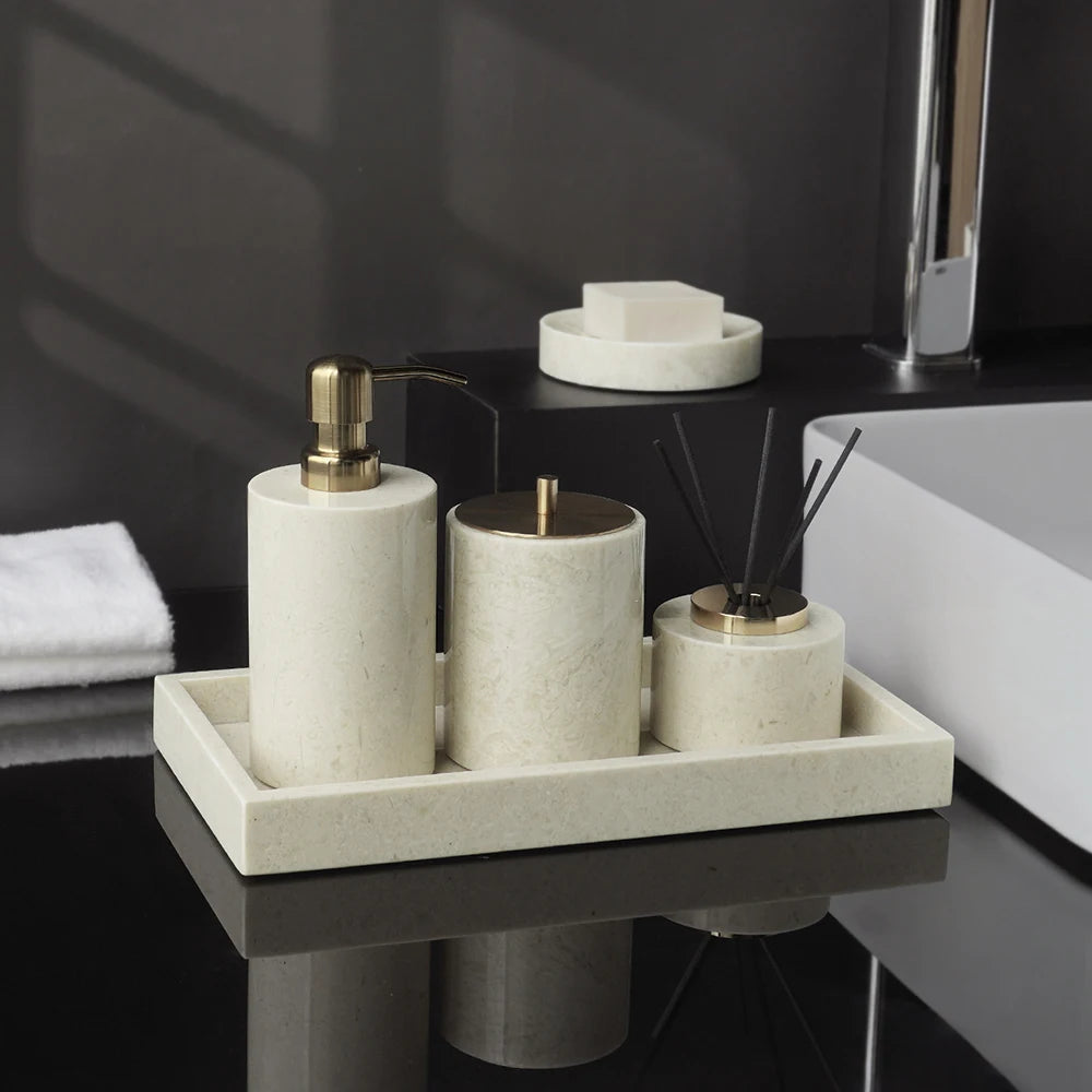 ensemble salle bain marbre blanc doré plateau distributeur savon accessoires