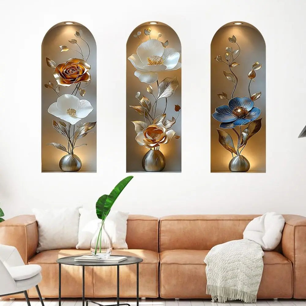 décoration murale autocollant pvc fleurs stylisées contemporain or argent blanc bleu marron rose élégant