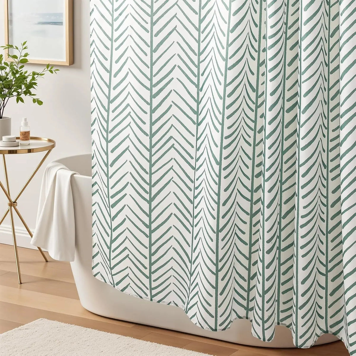 rideau douche moderne motif rayures vertes opacité tissu polyester blanc dimensions variées anneau métallique