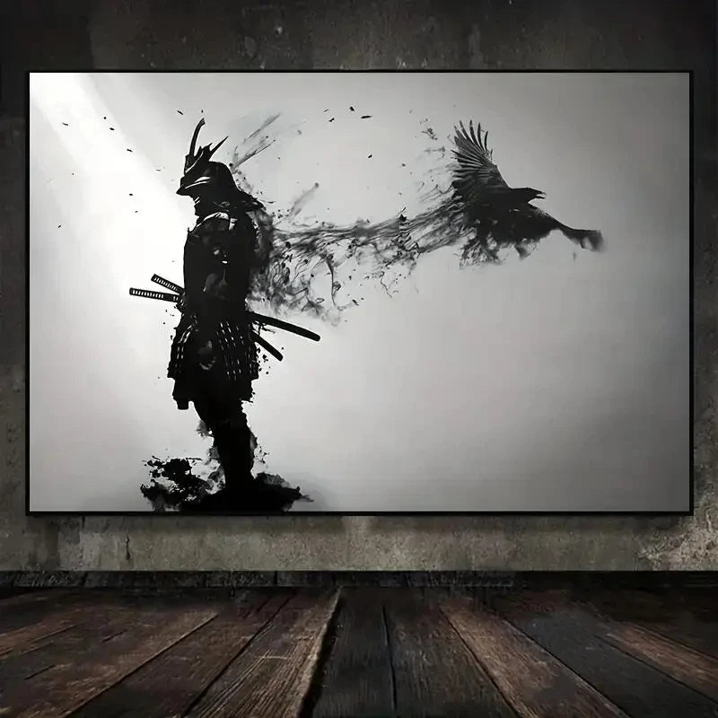 peinture toile samouraï corbeau japonais noir blanc contemporain sans cadre vertical salon decoration