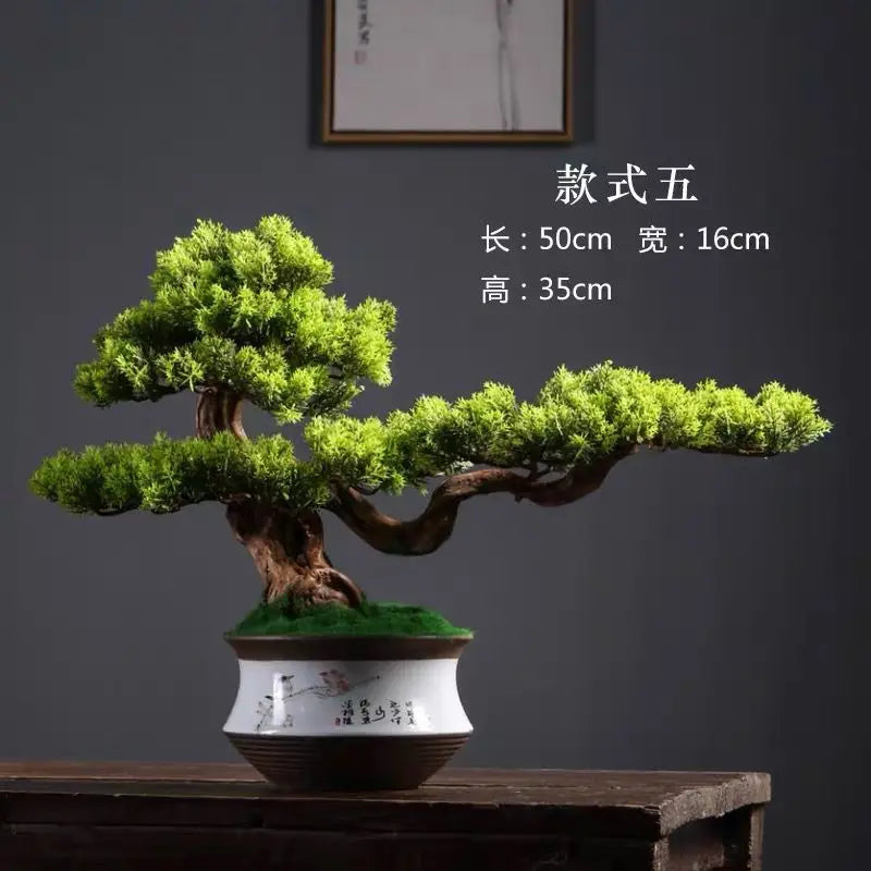 bonsaï artificiel vert clair arbre feuilles fines pot noir gravier blanc ornement extérieur classique