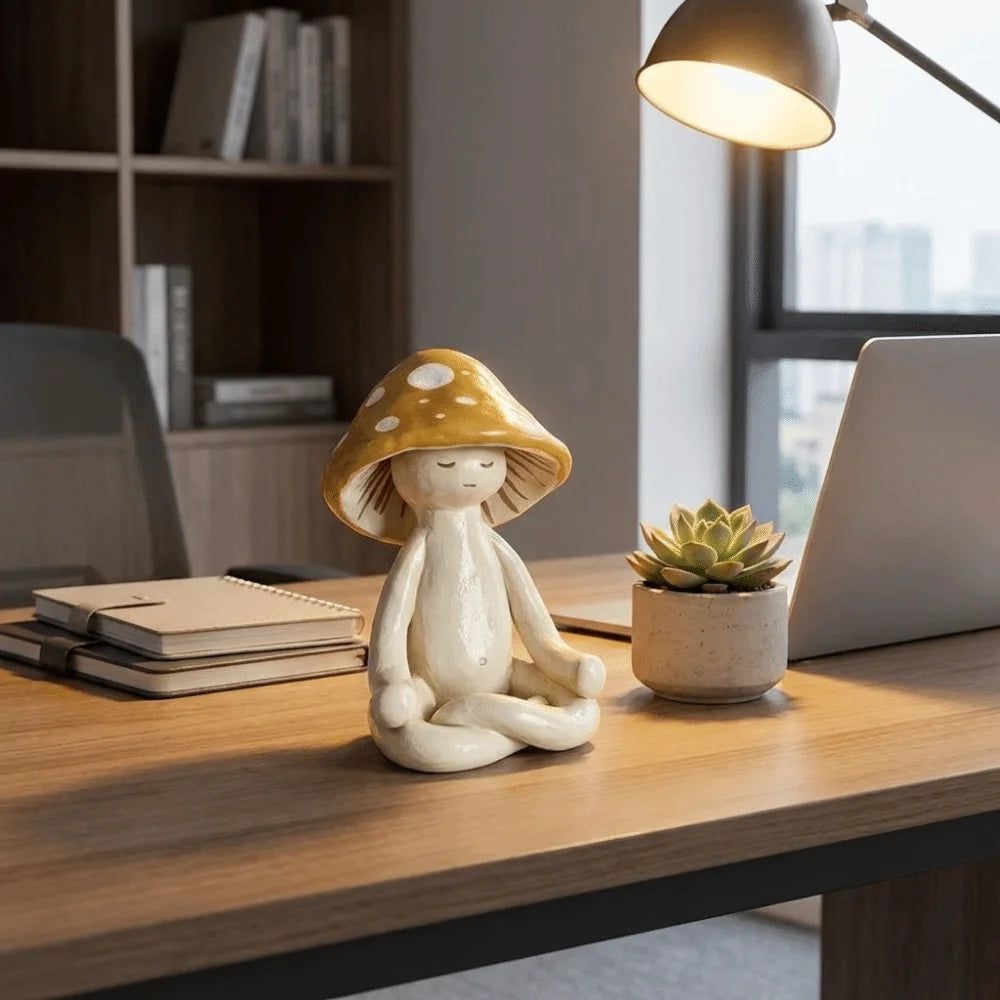 statuette champignon résine polie moderne minimaliste blanc beige marron clair taches blanches texture mat
