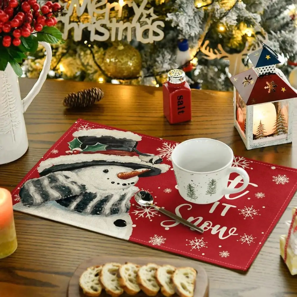 serviettes table noël flocons arbre bonhomme merry christmas let it snow gris rouge vert