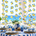 rideau blanc jaune bleu motif citron feuilles adhésif décoration anniversaire fête vintage