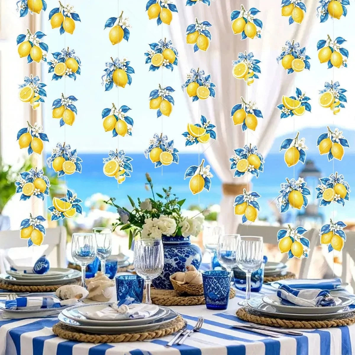rideau blanc jaune bleu motif citron feuilles adhésif décoration anniversaire fête vintage