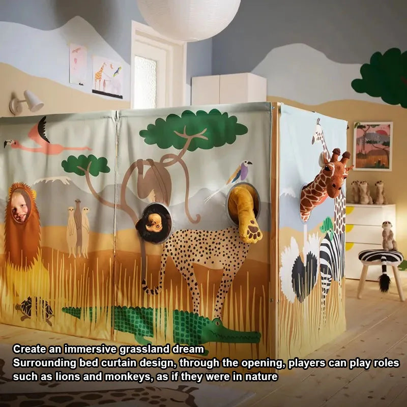rideaux enfant safari motifs animaux savane opaques attaches métal décoration chambre verte beige