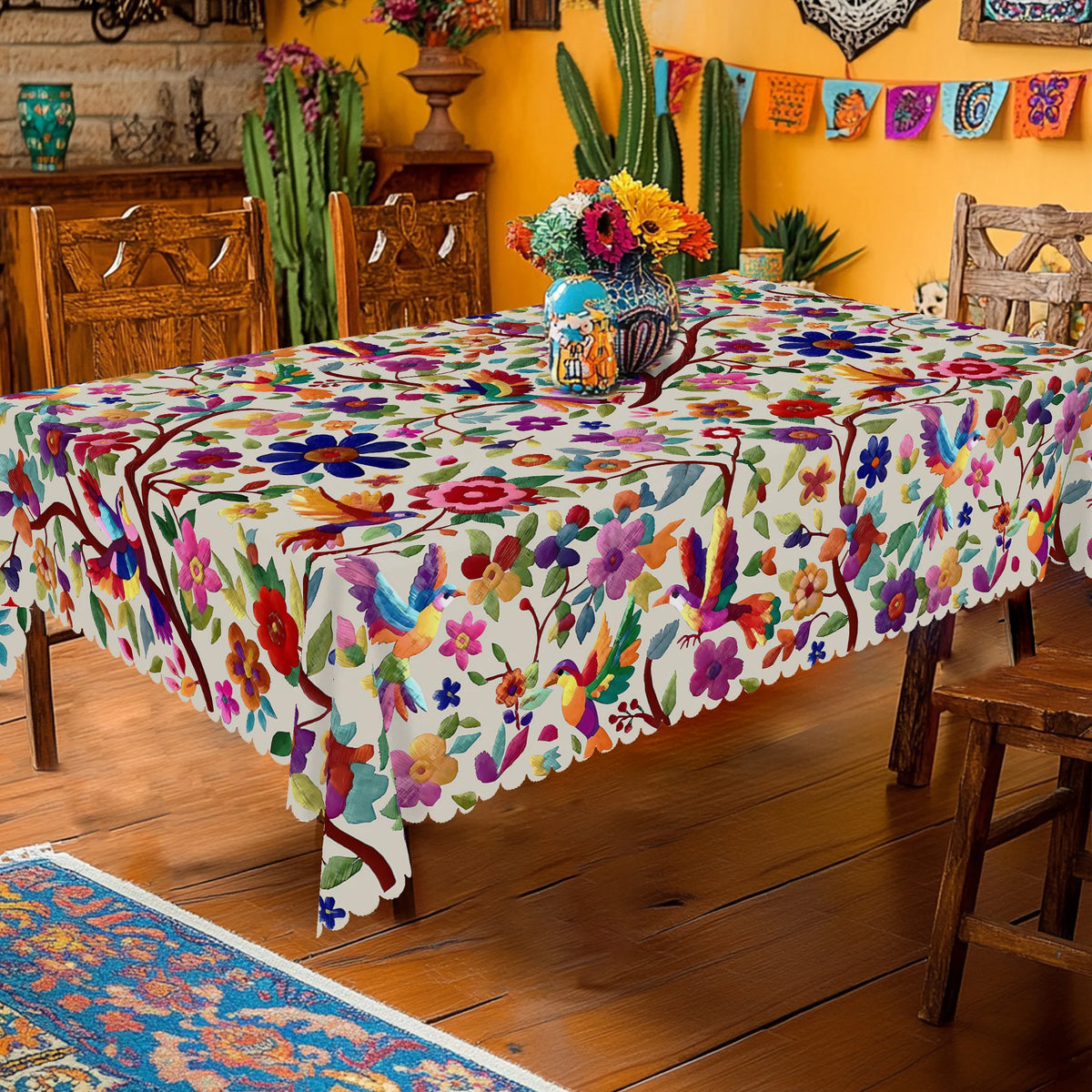 nappe multicolore ethnique fleurs oiseaux bordure dentelée imperméable extérieur mariage fête 152x220cm