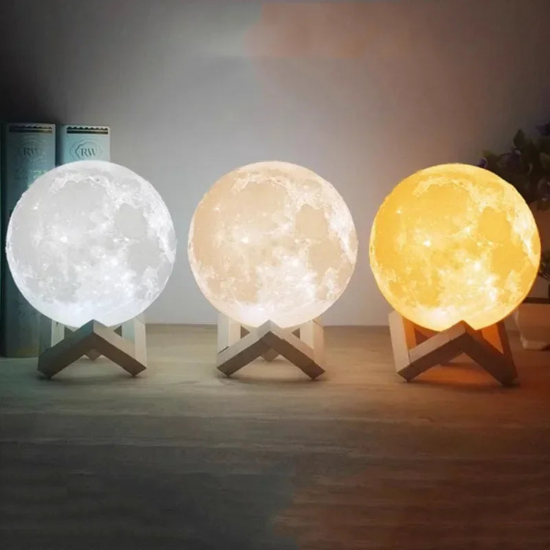 lampe lune moderne décoration chambre bois cratères texturée LED blanc orangé