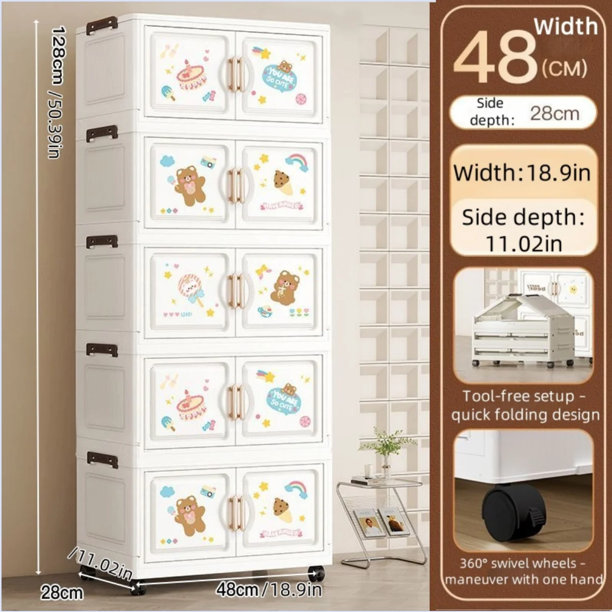 organisateur vêtements armoire tiroirs dessins animés ours lapins moderne blanc roulettes pliable chambre salon