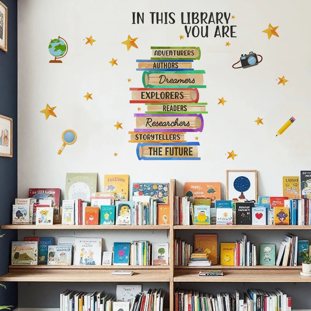 sticker mural décoration bibliothèque livres colorés adhésif durable enfant ludique