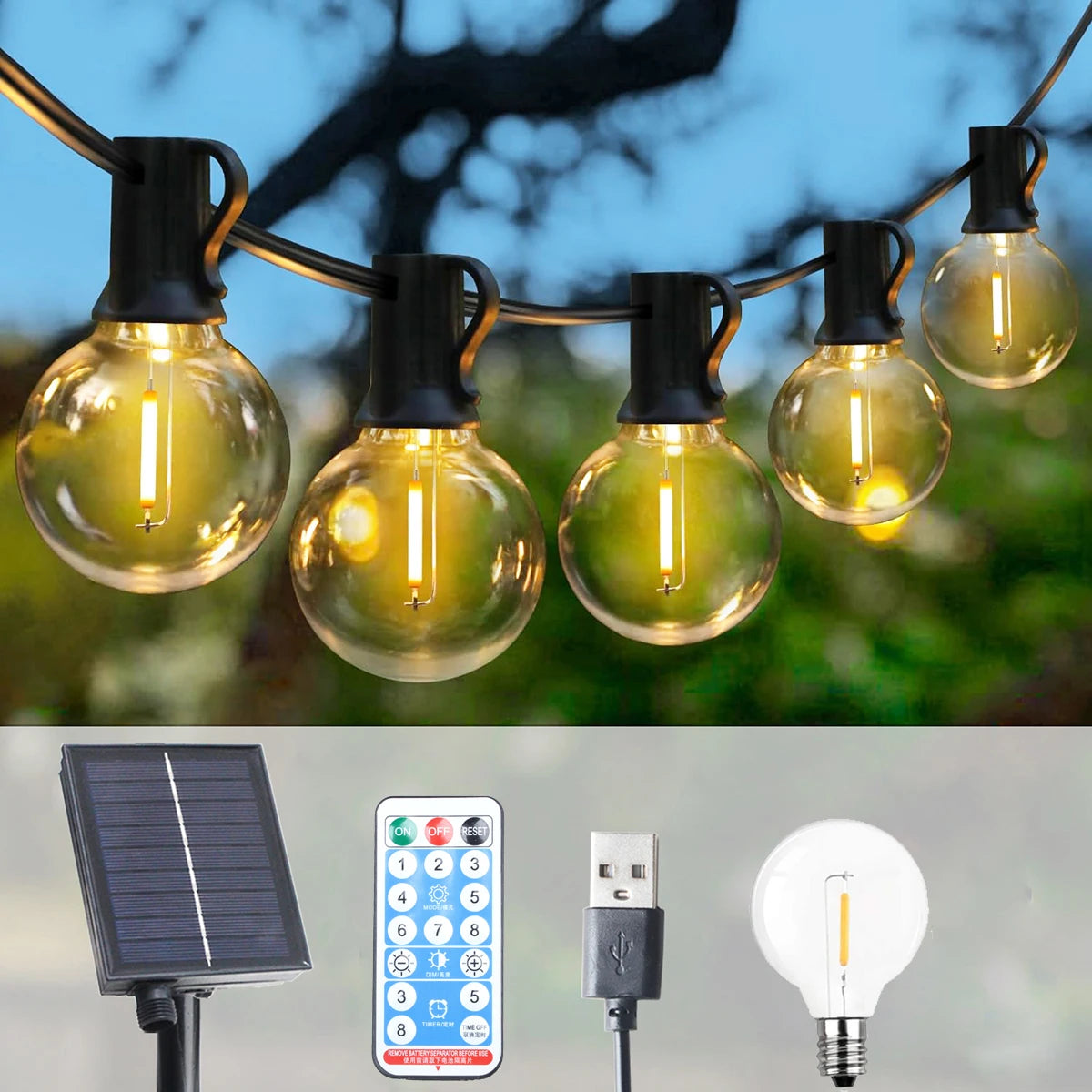 guirlande lumineuse solaire transparente 10m 21 globes g40 vintage clips extérieure fête decoration