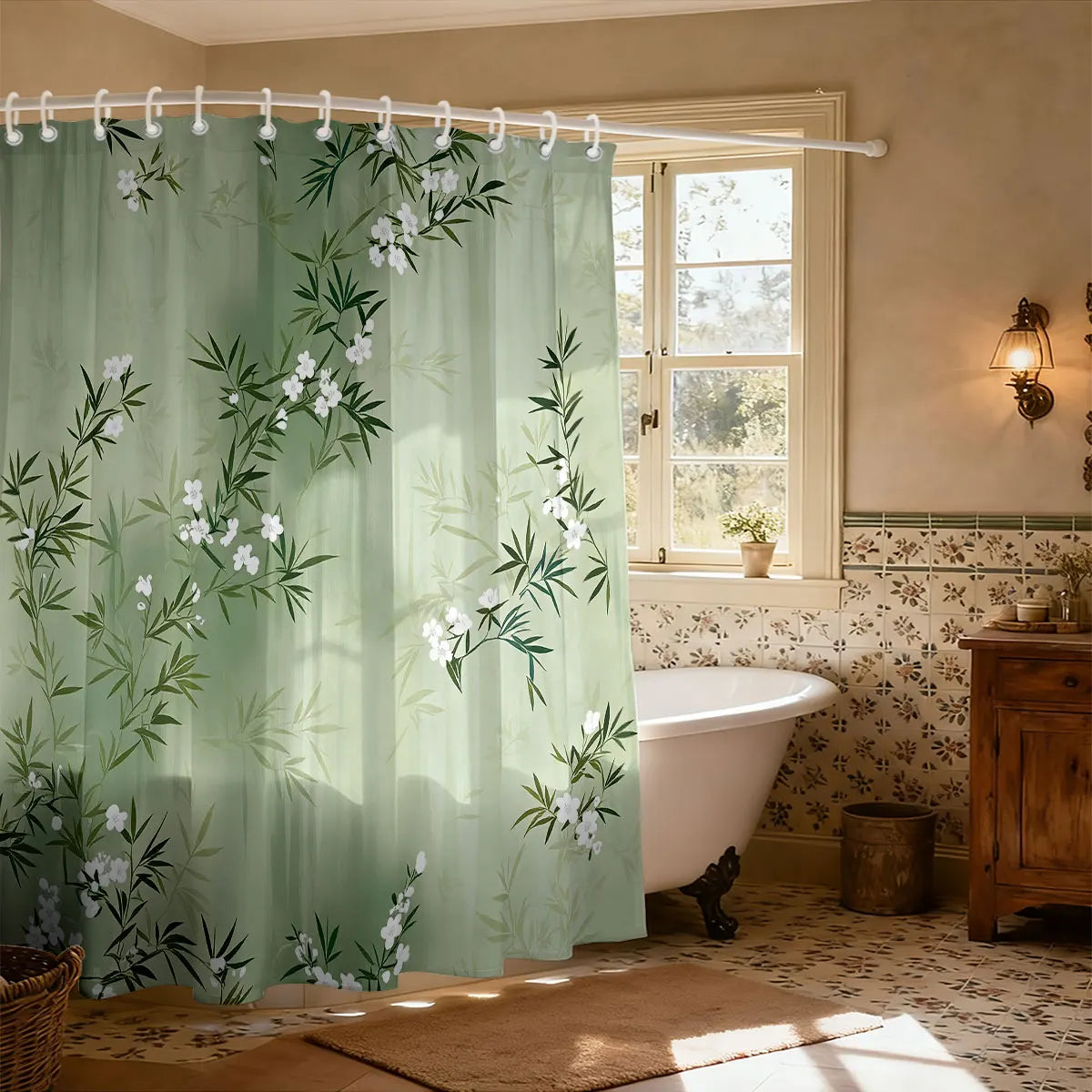 rideau douche moderne vert clair branches bambou fleurs opaques 120x180cm 150x180cm 180x180cm 90x180cm