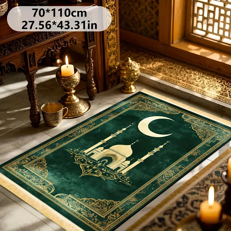 tapis vert foncé doré motif islamique mosquée lune polypropylène résistant décoration intérieure extérieure voyage