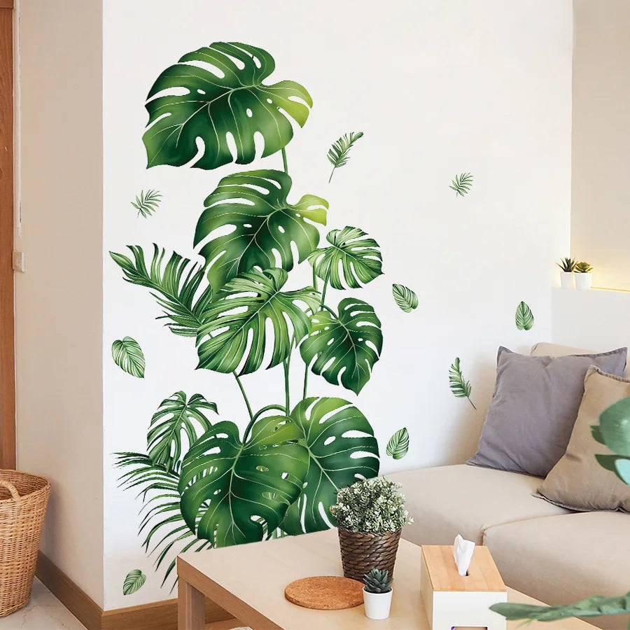 sticker mural moderne feuilles tropicales grandes tailles décoration maison autocollant vert blanc 3d removable