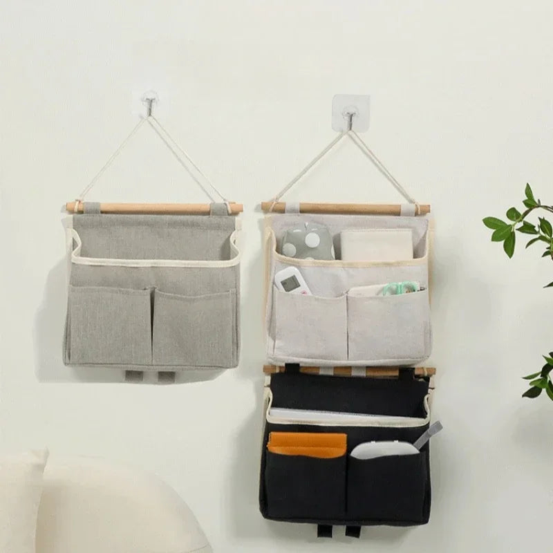 sac rangement mural gris toile coton clips adhésifs compartiments poignées bois moderne