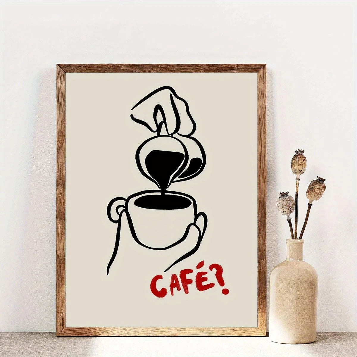 affiche minimaliste tasse illustration rouge texte question decoration mur salon beige noir