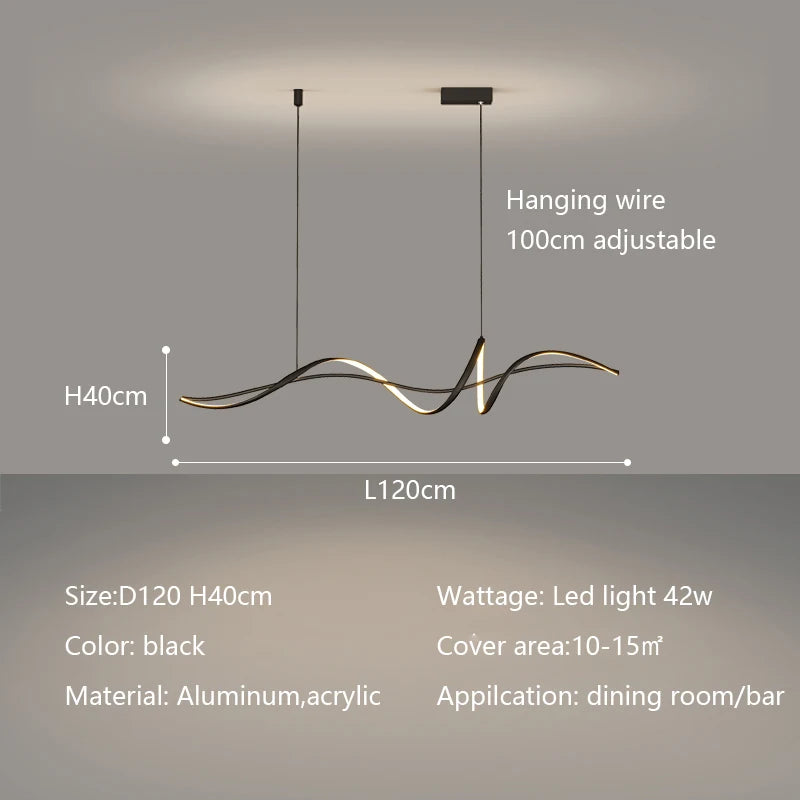 pendentif led noir ondule minimaliste aluminium chambre étude lumière salle manger