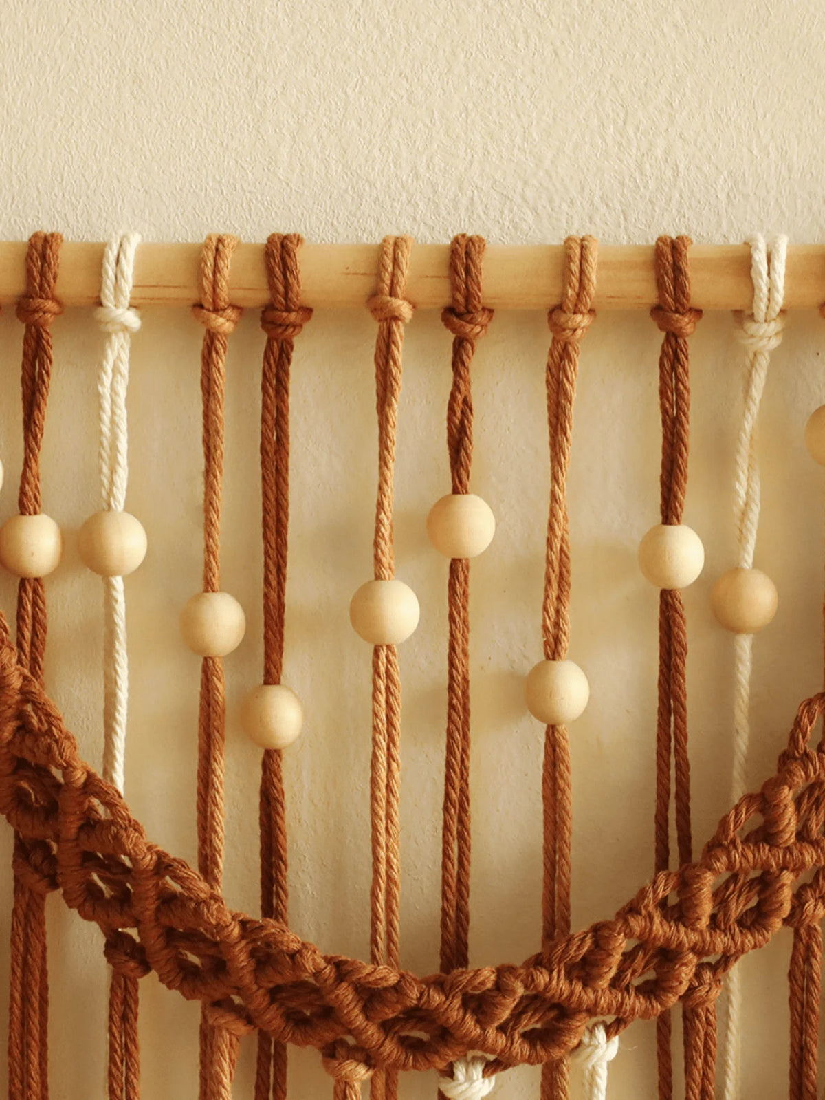 tapisserie murale macramé feuilles bois boho tressé coton lavable marron beige