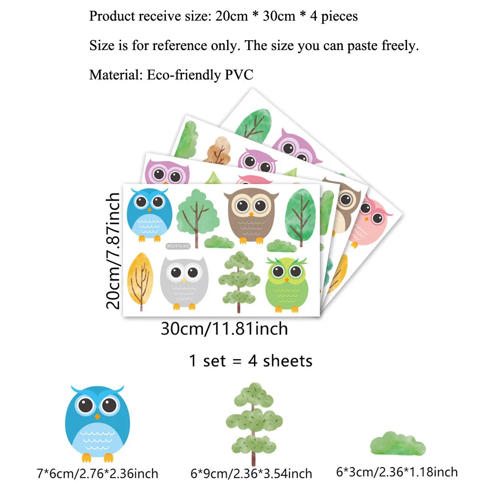 stickers muraux hiboux arbres nuages bleu vert enfantin adhésifs salon décoration chambre fond