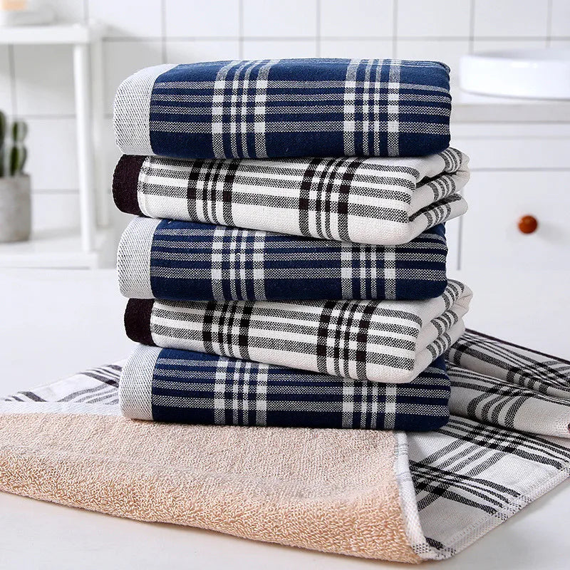 serviette bain coton carreaux bleu blanc rapide absorption 34x76cm minimaliste moderne