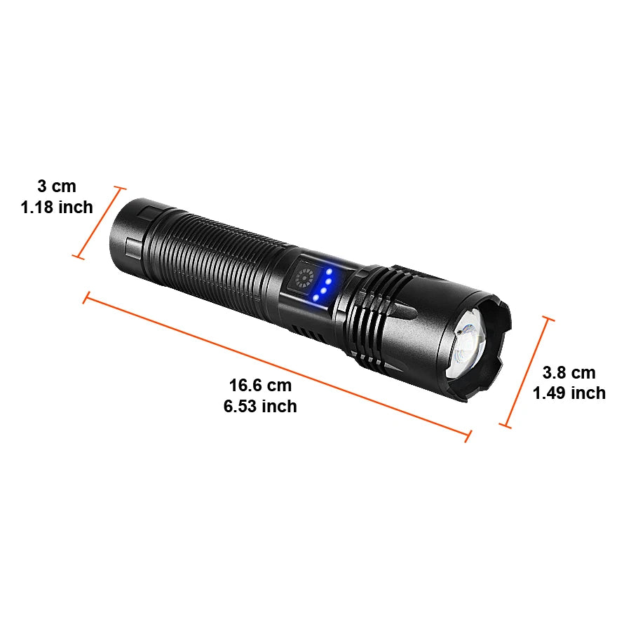 lampe torche led rechargeable 18650 batterie mode stroboscope éclairage bleu tactique robuste